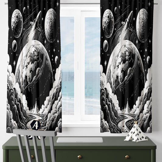 Black White Moon Stars Kids Nursery Curtains – Custom Size Window Drapes & Matching Pillow Covers, Space Room Decor Gift