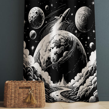 Black White Moon Stars Kids Nursery Curtains – Custom Size Window Drapes & Matching Pillow Covers, Space Room Decor Gift