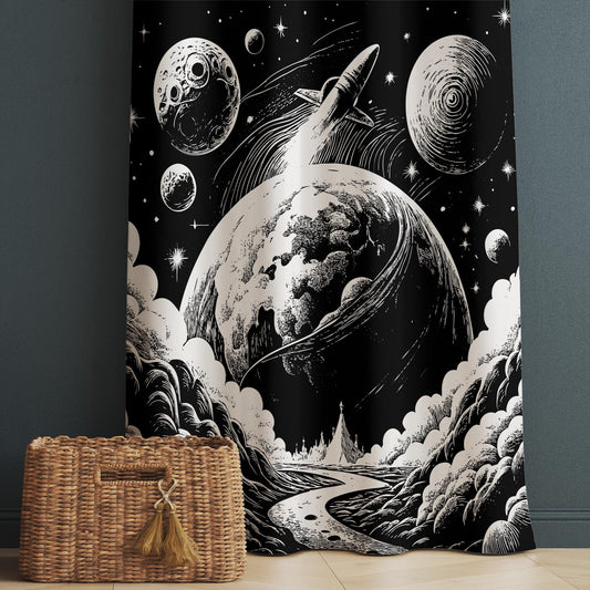 Black White Moon Stars Kids Nursery Curtains – Custom Size Window Drapes & Matching Pillow Covers, Space Room Decor Gift