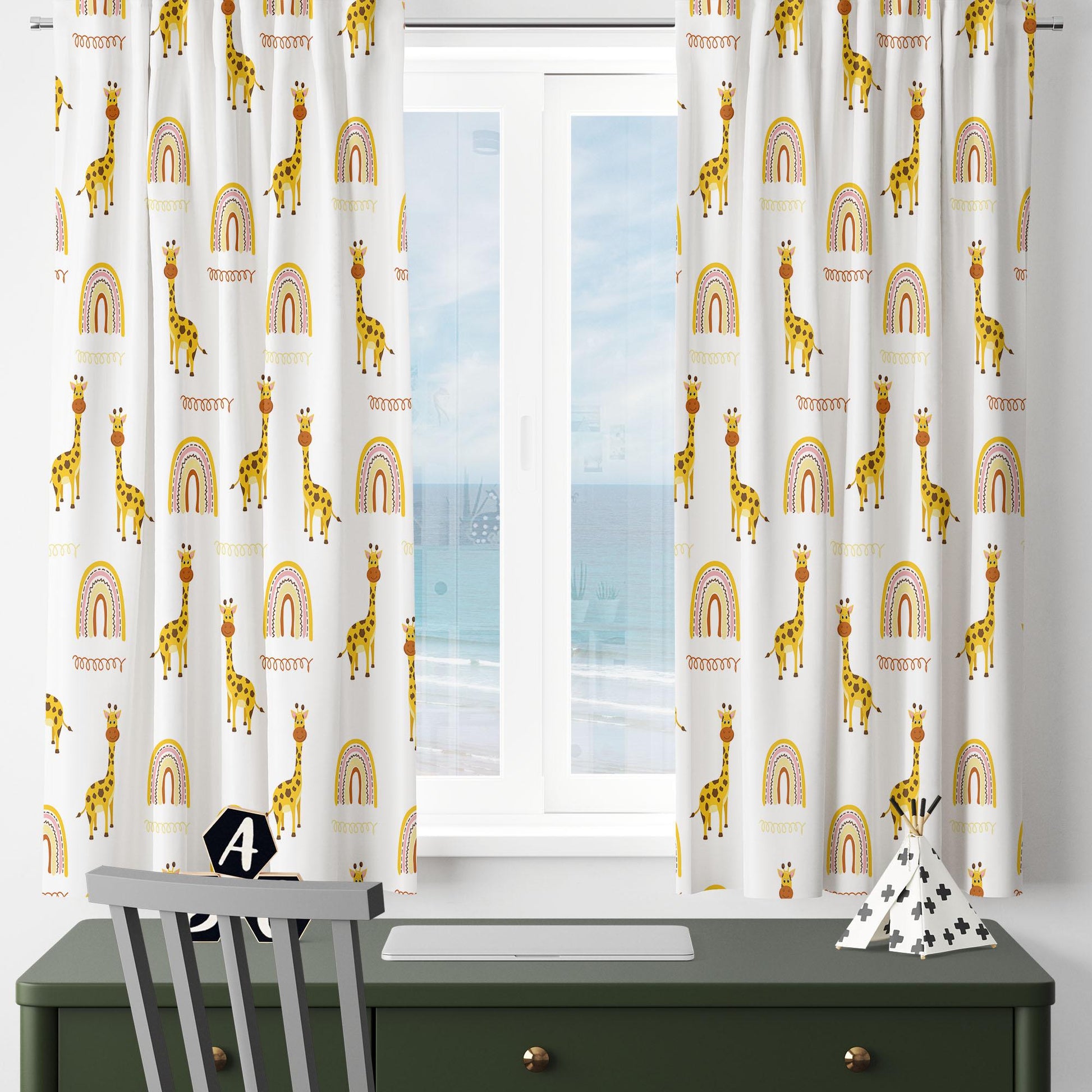 Yellow Boho Giraffe Kids Curtains & Gift Pillow Covers, Custom Nursery Animal Theme Drapes, Child Bedroom Window Treatment Decor