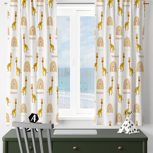Yellow Boho Giraffe Kids Curtains & Gift Pillow Covers, Custom Nursery Animal Theme Drapes, Child Bedroom Window Treatment Decor