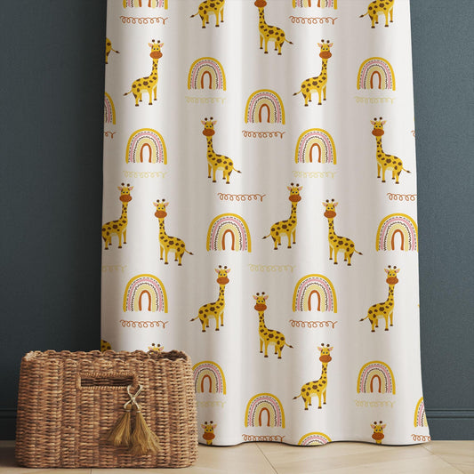 Yellow Boho Giraffe Kids Curtains & Gift Pillow Covers, Custom Nursery Animal Theme Drapes, Child Bedroom Window Treatment Decor