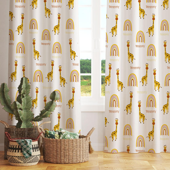 Yellow Boho Giraffe Kids Curtains & Gift Pillow Covers, Custom Nursery Animal Theme Drapes, Child Bedroom Window Treatment Decor