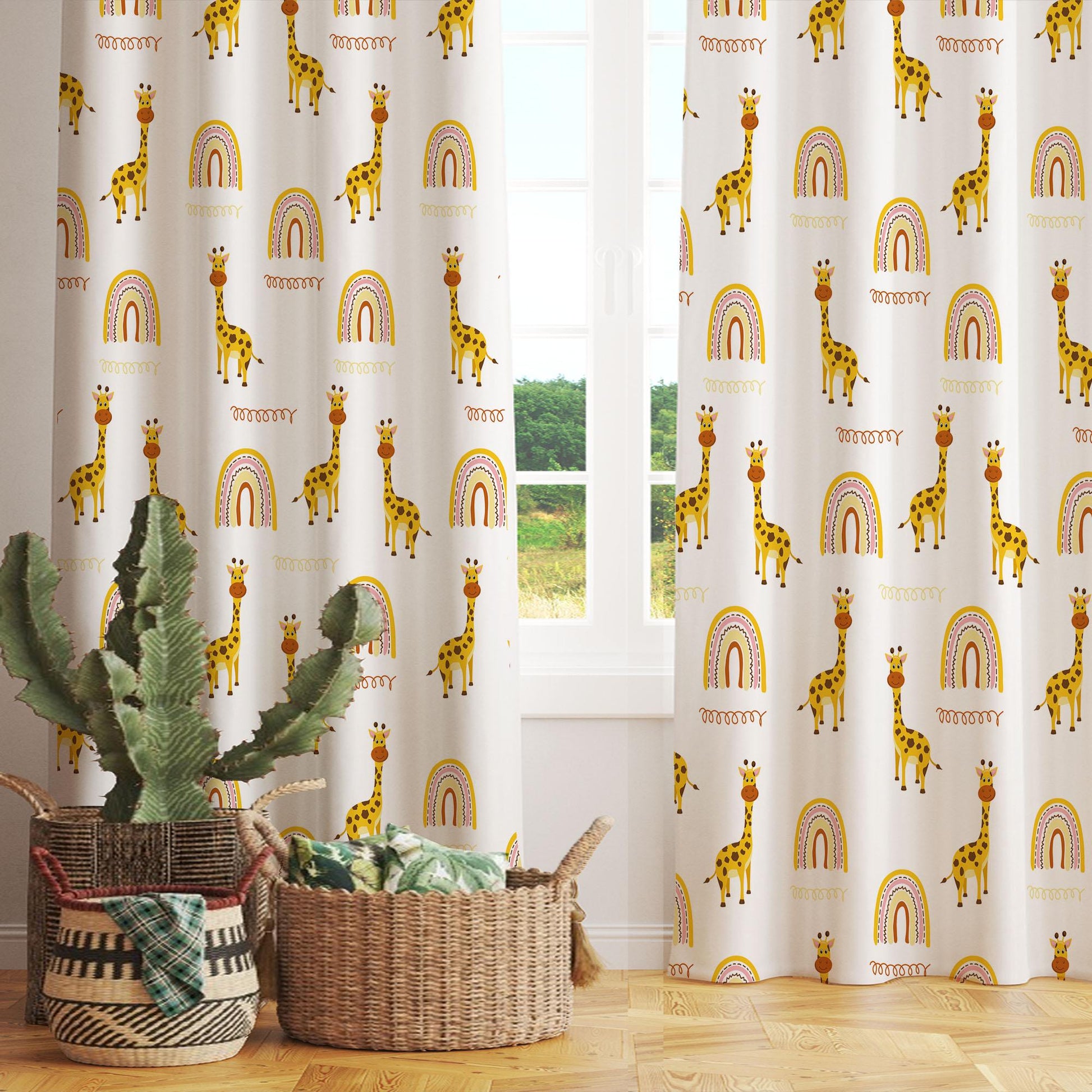 Yellow Boho Giraffe Kids Curtains & Gift Pillow Covers, Custom Nursery Animal Theme Drapes, Child Bedroom Window Treatment Decor