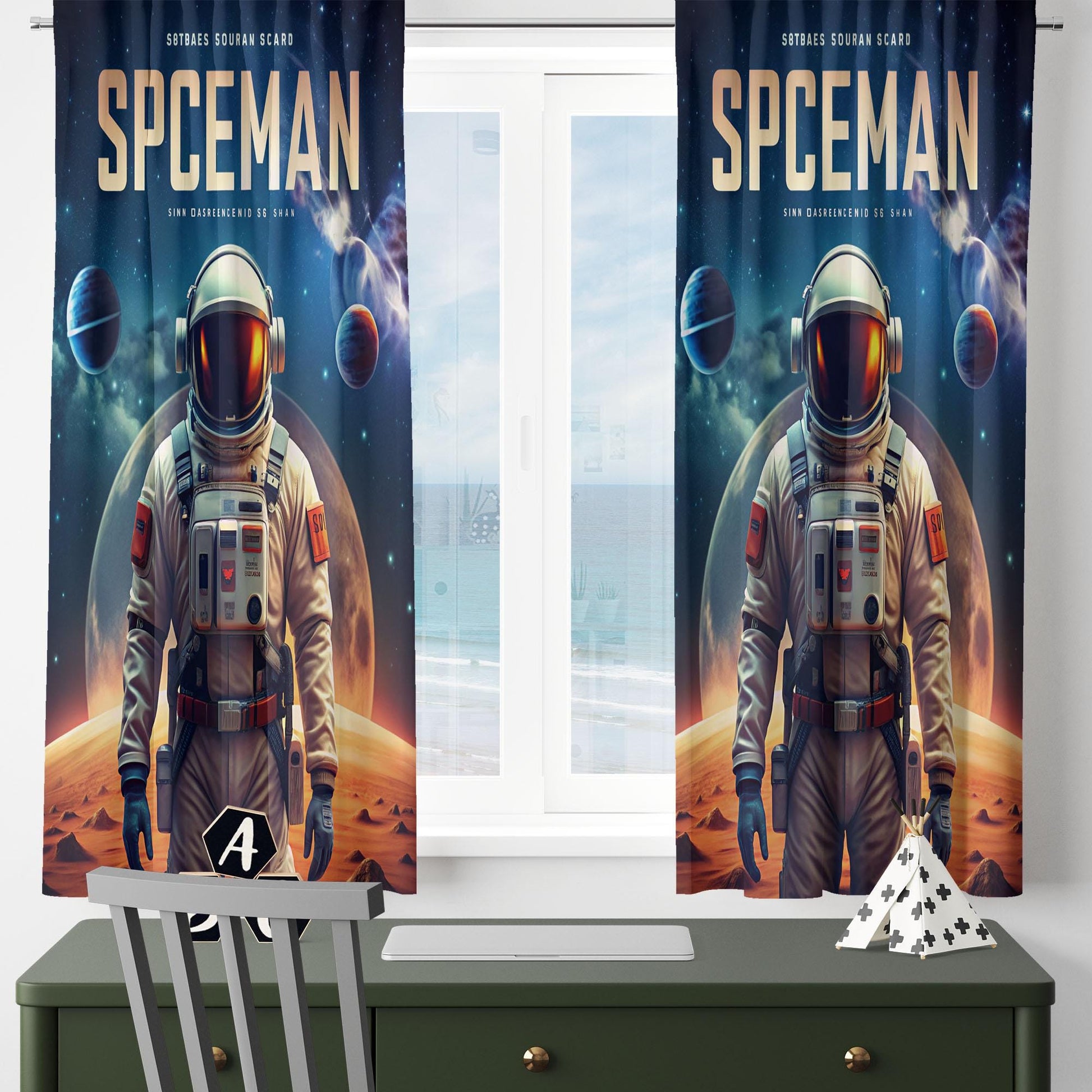 Space Galaxy Kids Curtains & Gift Pillow Covers, Custom Spaceman Nursery Drapes, Child Bedroom Window Treatment Decor