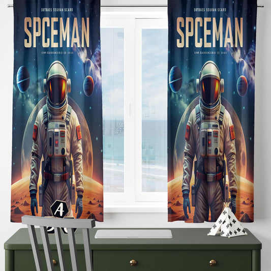 Space Galaxy Kids Curtains & Gift Pillow Covers, Custom Spaceman Nursery Drapes, Child Bedroom Window Treatment Decor