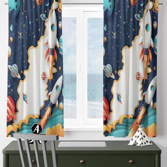 Rocket Galaxy Spaceship Planets Kids Curtains & Gift Pillow Covers, Custom Space Nursery Drapes, Child Bedroom Window Treatment Decor