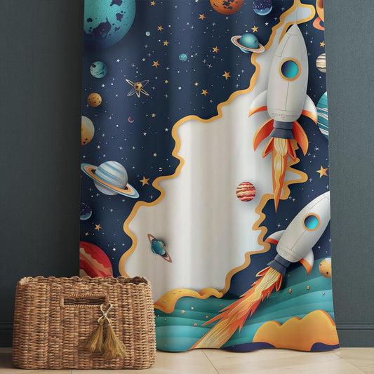 Rocket Galaxy Spaceship Planets Kids Curtains & Gift Pillow Covers, Custom Space Nursery Drapes, Child Bedroom Window Treatment Decor