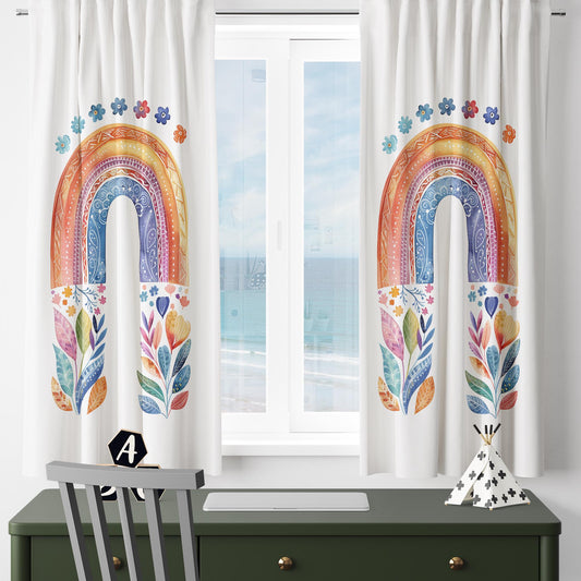 Colorful Rainbow Floral Flowers Kids Curtains & Gift Pillow Covers, Custom Nursery Drapes, Child Bedroom Window Treatment Decor