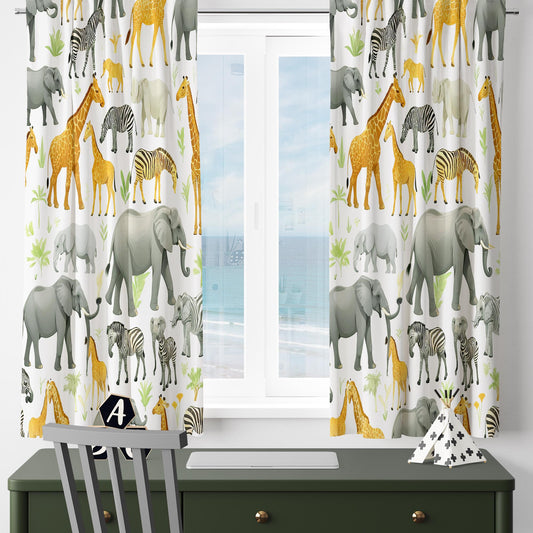 Safari Animals Kids Curtains & Gift Pillow Covers, Custom Nursery Drapes, Elephant Giraffe Zebra Window Treatment for Child Bedroom Decor