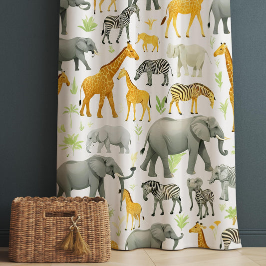 Safari Animals Kids Curtains & Gift Pillow Covers, Custom Nursery Drapes, Elephant Giraffe Zebra Window Treatment for Child Bedroom Decor