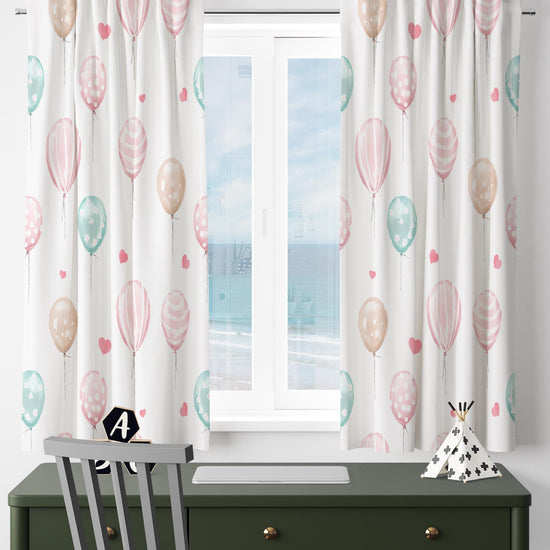 Nursery Curtains Pink Green Balloons Hearts, Custom Baby Room Drapes & Gift Pillow Covers, Cute Bedroom Window Treatment Decor