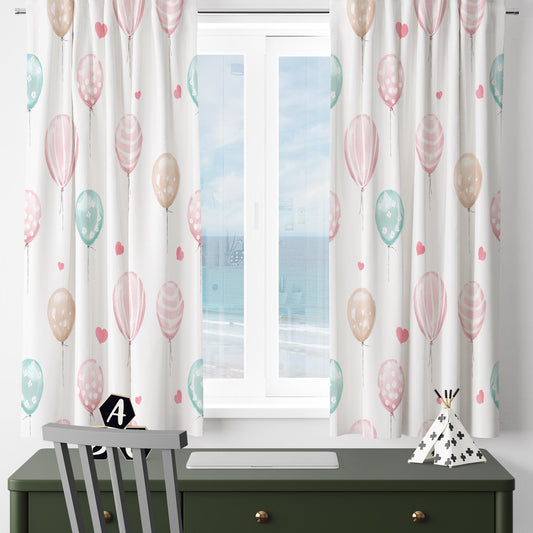 Nursery Curtains Pink Green Balloons Hearts, Custom Baby Room Drapes & Gift Pillow Covers, Cute Bedroom Window Treatment Decor
