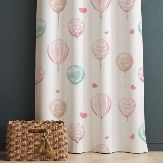 Nursery Curtains Pink Green Balloons Hearts, Custom Baby Room Drapes & Gift Pillow Covers, Cute Bedroom Window Treatment Decor