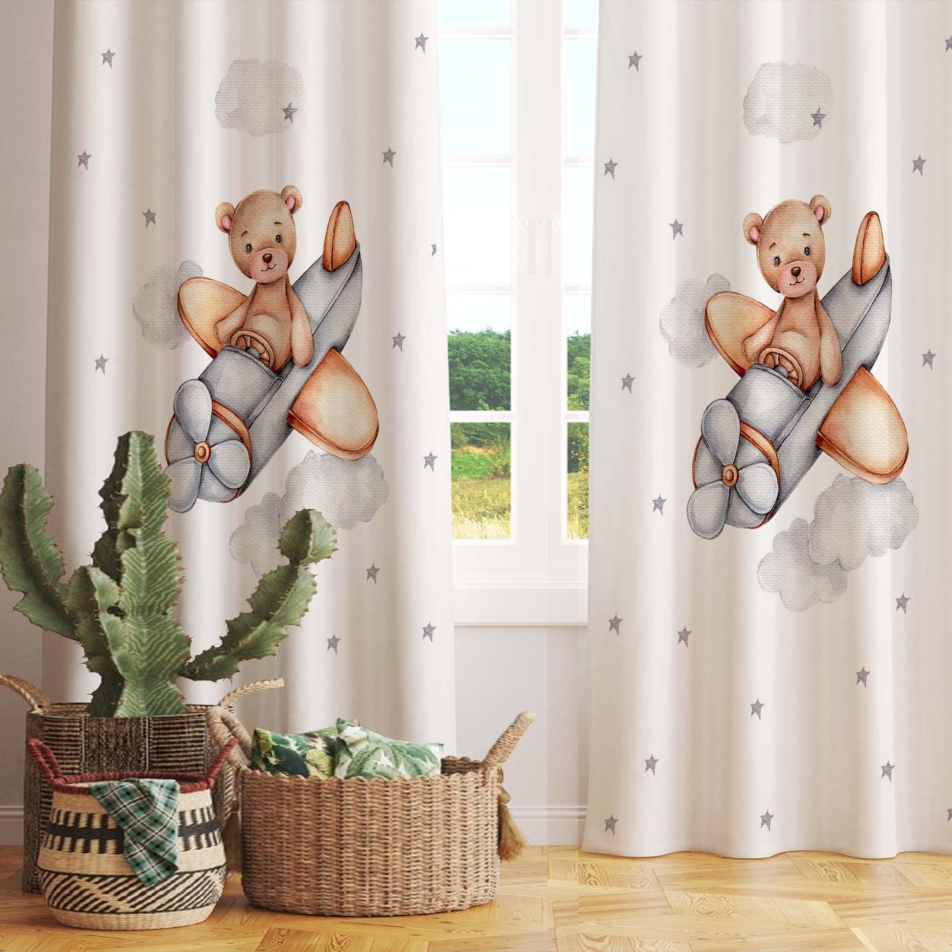 Bear Pilot Plane Clouds Star Baby Nursery Curtains , Custom Baby Room Drapes & Gift Pillow Covers, Cute Bedroom Window Treatment Decor