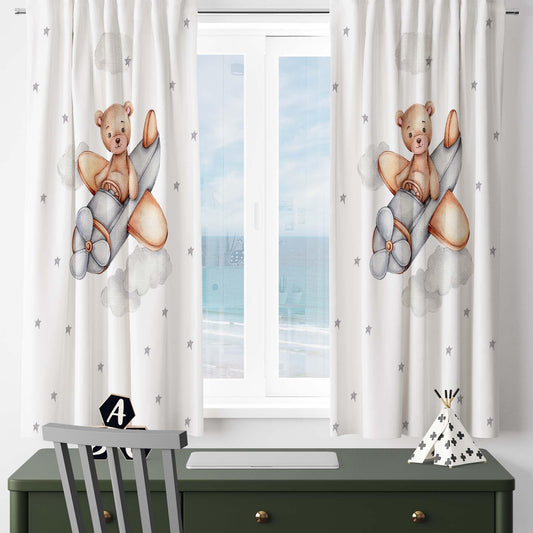 Bear Pilot Plane Clouds Star Baby Nursery Curtains , Custom Baby Room Drapes & Gift Pillow Covers, Cute Bedroom Window Treatment Decor