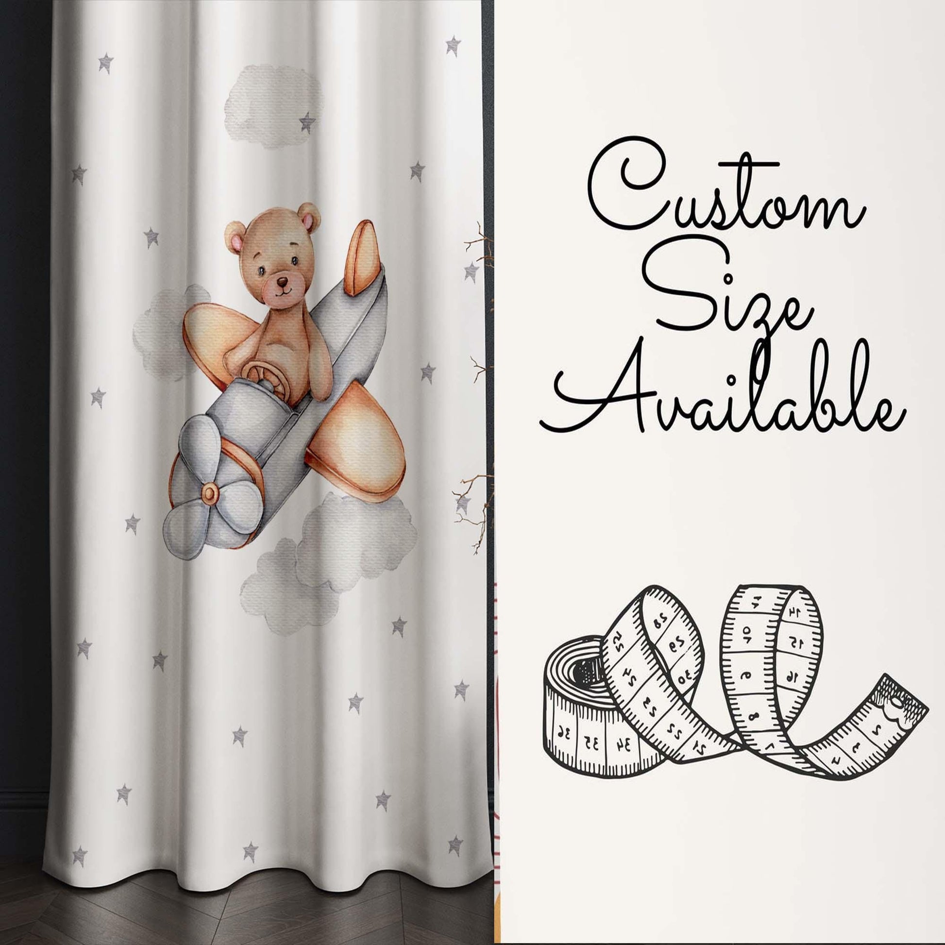 Bear Pilot Plane Clouds Star Baby Nursery Curtains , Custom Baby Room Drapes & Gift Pillow Covers, Cute Bedroom Window Treatment Decor