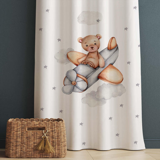 Bear Pilot Plane Clouds Star Baby Nursery Curtains , Custom Baby Room Drapes & Gift Pillow Covers, Cute Bedroom Window Treatment Decor