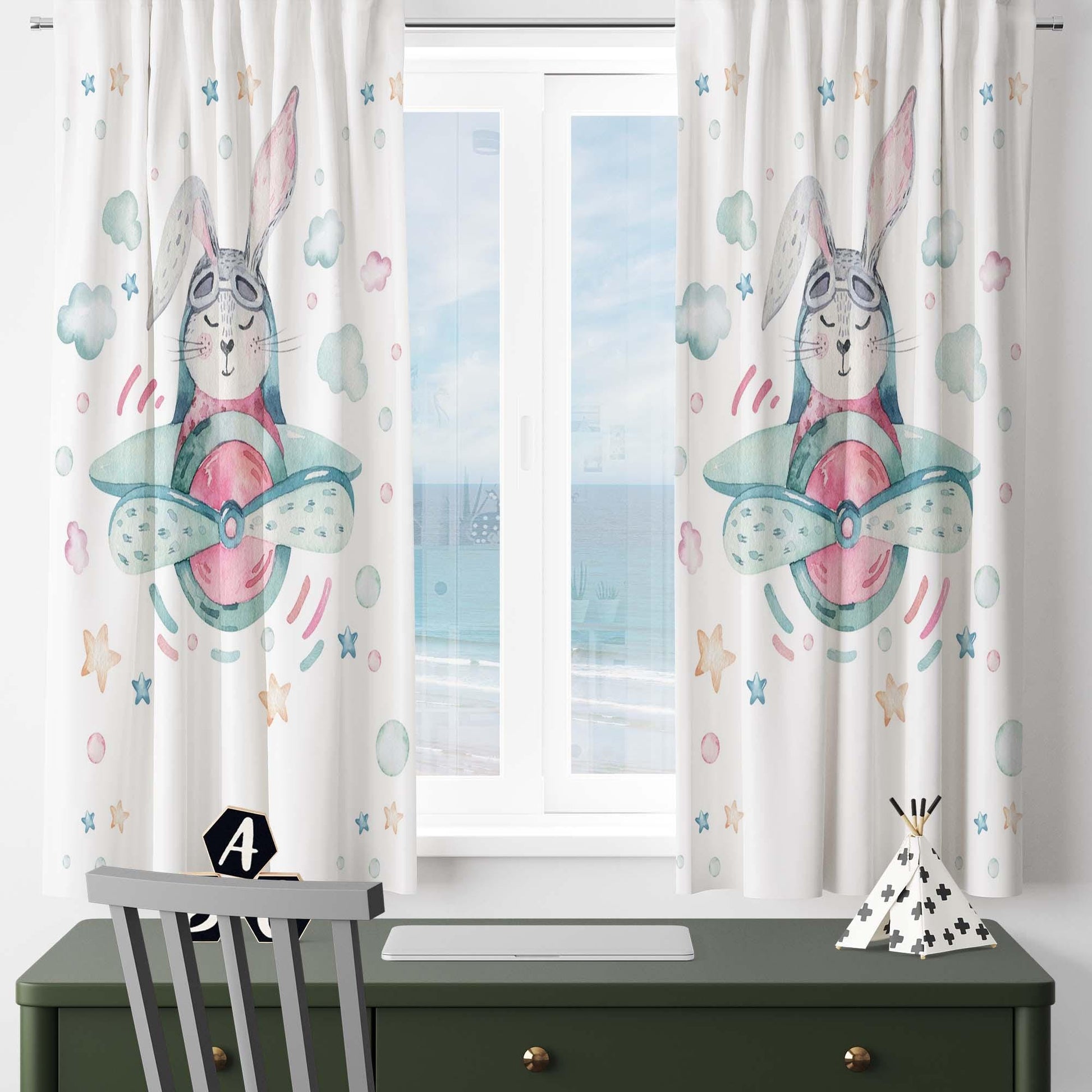 Bunny Rabbit Pilot Plane Clouds Baby Nursery Curtains , Custom Baby Room Drapes, Gift Pillow Covers, Cute Bedroom Window Treatment Decor