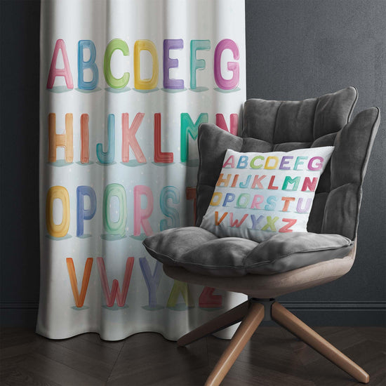 Alphabet Educational Letters Nursery Curtains – Custom Kids Room Drapes & Cute Bedroom Window Treatment Decor with Gift Pillow Covers