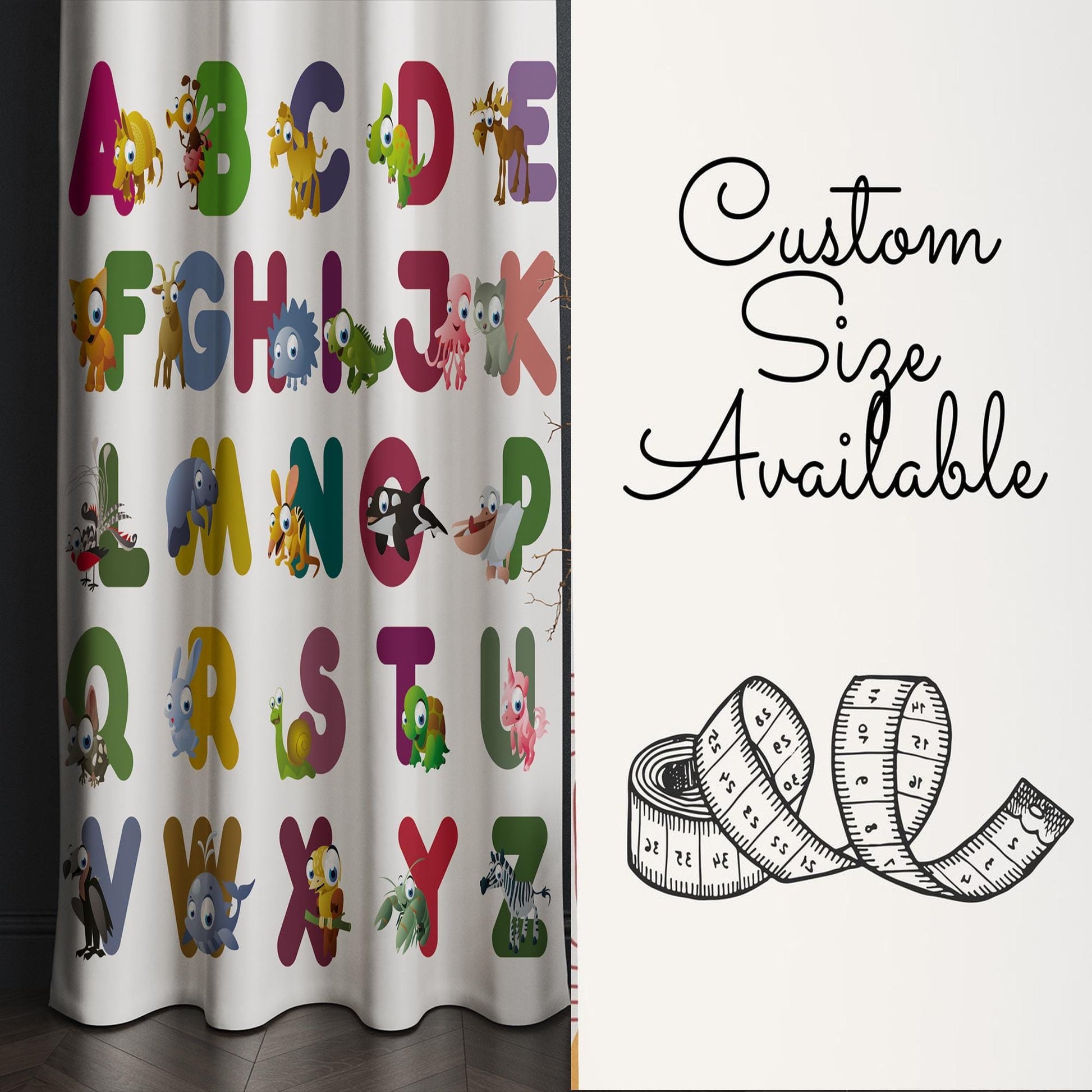 Alphabet Educational Animals Nursery Curtains – Custom Kids Room Drapes & Cute Bedroom Window Treatment Decor with Gift Pillow Covers