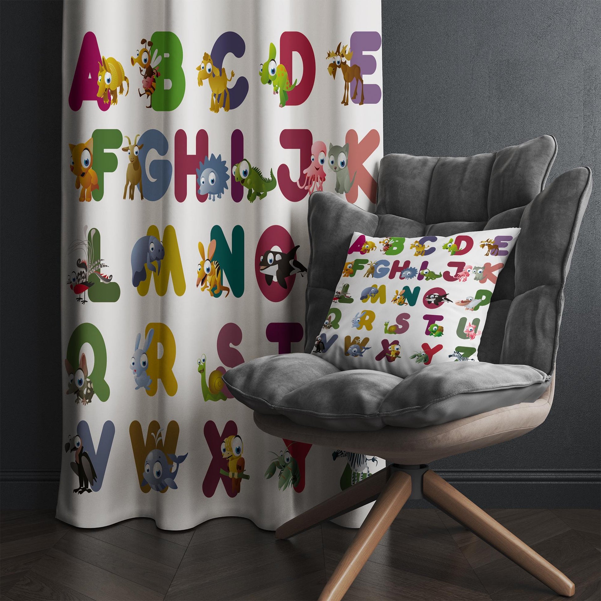 Alphabet Educational Animals Nursery Curtains – Custom Kids Room Drapes & Cute Bedroom Window Treatment Decor with Gift Pillow Covers