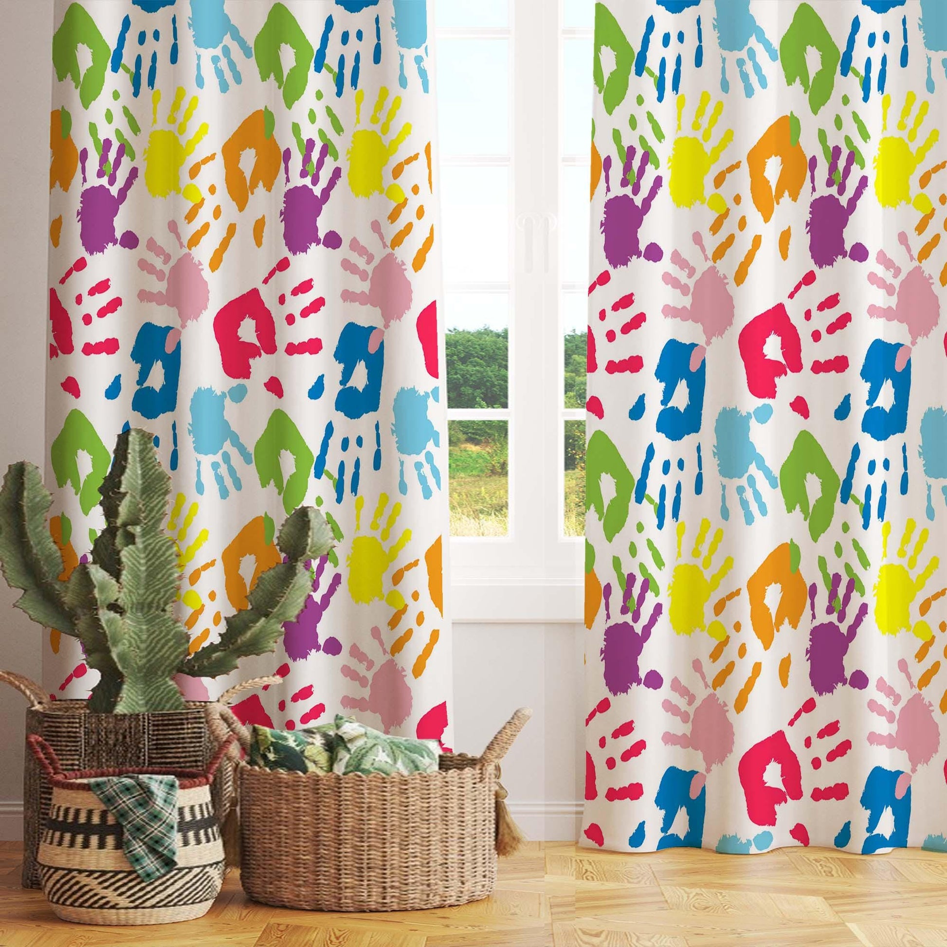 Colorful Kids Hands Pattern Nursery Curtains – Custom Kids Room Drapes & Cute Bedroom Window Treatment Decor with Gift Pillow Covers