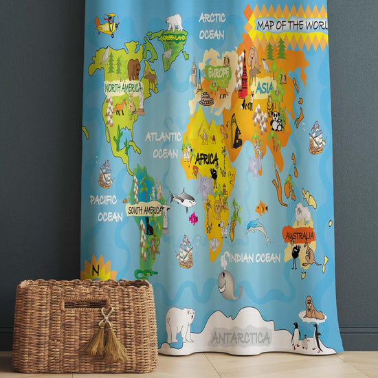 Educational Animal Earth Map Nursery Curtains – Custom Kids Room Drapes & Cute Bedroom Window Treatment Decor with Gift Pillow Covers