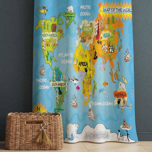 Educational Animal Earth Map Nursery Curtains – Custom Kids Room Drapes & Cute Bedroom Window Treatment Decor with Gift Pillow Covers