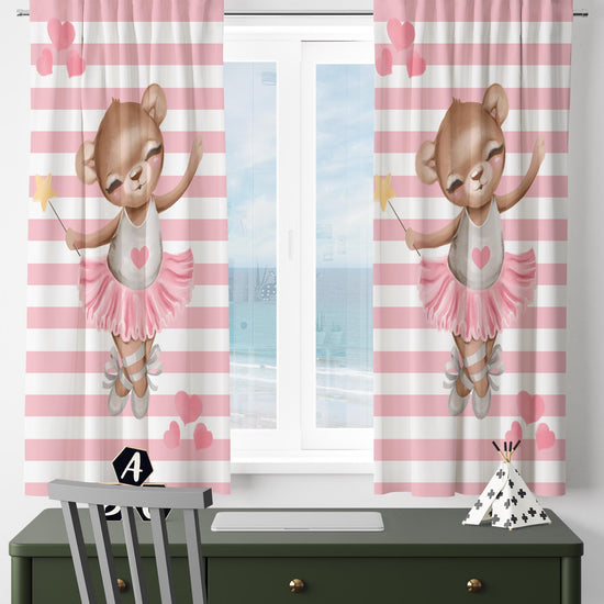 Cute Pink Girl Ballerina Bear Nursery Curtains – Custom Kids Room Drapes & Cute Bedroom Window Treatment Decor with Gift Pillow Covers