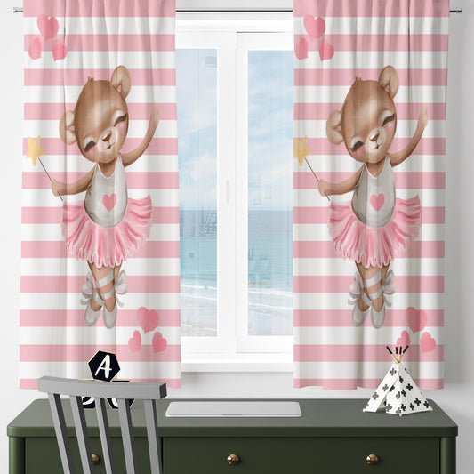 Cute Pink Girl Ballerina Bear Nursery Curtains – Custom Kids Room Drapes & Cute Bedroom Window Treatment Decor with Gift Pillow Covers