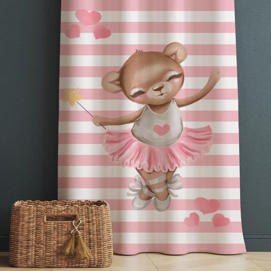 Cute Pink Girl Ballerina Bear Nursery Curtains – Custom Kids Room Drapes & Cute Bedroom Window Treatment Decor with Gift Pillow Covers