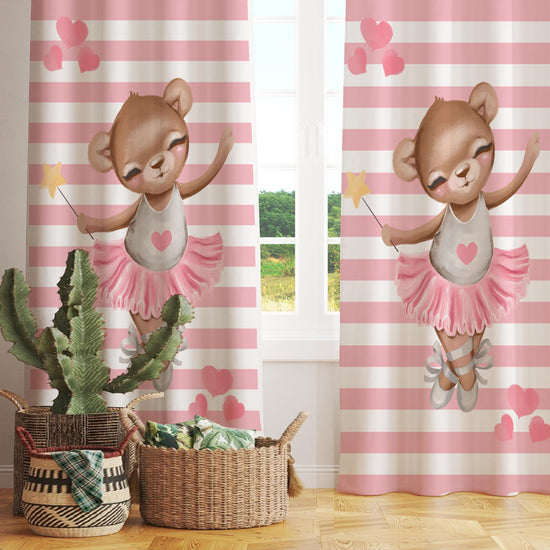 Cute Pink Girl Ballerina Bear Nursery Curtains – Custom Kids Room Drapes & Cute Bedroom Window Treatment Decor with Gift Pillow Covers