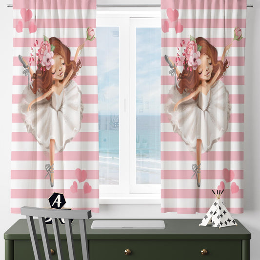 Cute Pink White Ballerina Girl Nursery Curtains – Custom Kids Room Drapes & Cute Bedroom Window Treatment Decor with Gift Pillow Covers