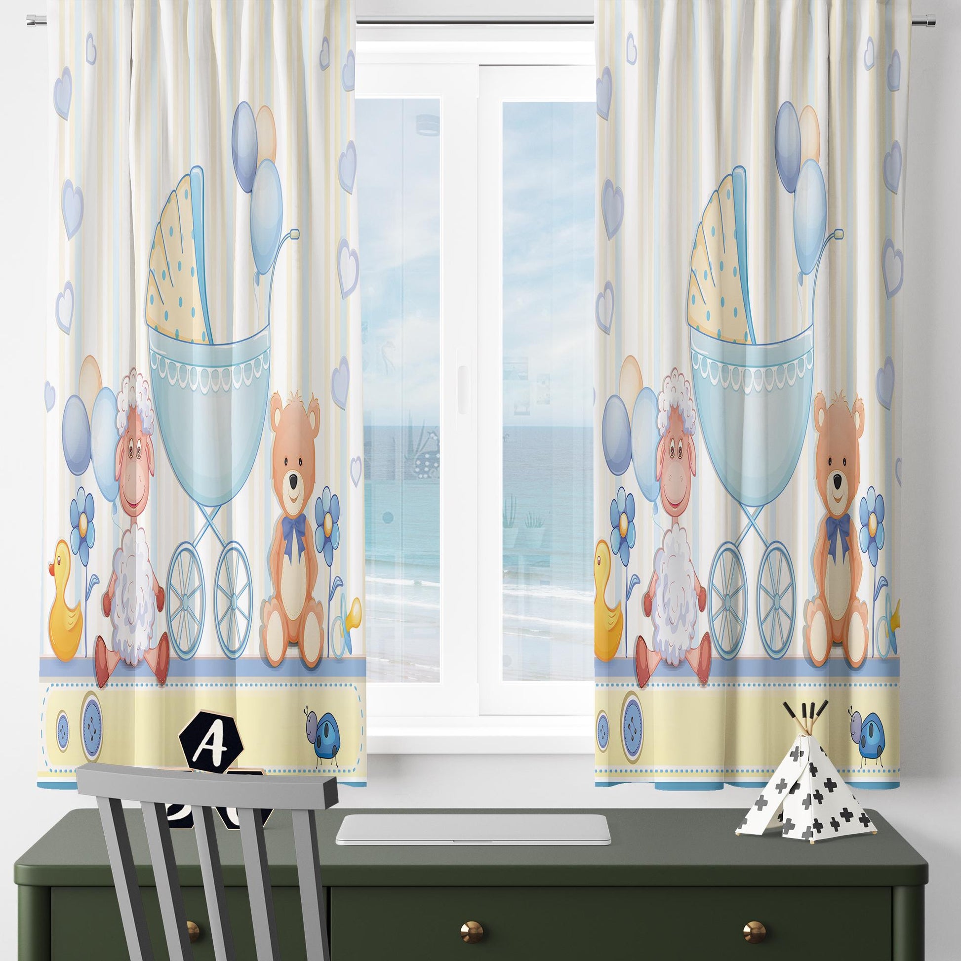 Nursery Curtains with Cute Blue Ship Lamb Bear Animals – Custom Kids Room Drapes, Boys Baby Room Decor with Gift Pillow Covers