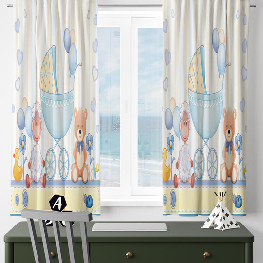 Nursery Curtains with Cute Blue Ship Lamb Bear Animals – Custom Kids Room Drapes, Boys Baby Room Decor with Gift Pillow Covers