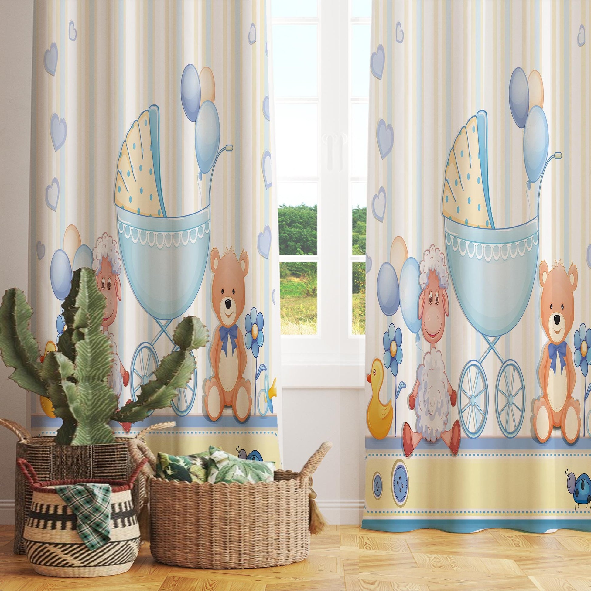 Nursery Curtains with Cute Blue Ship Lamb Bear Animals – Custom Kids Room Drapes, Boys Baby Room Decor with Gift Pillow Covers