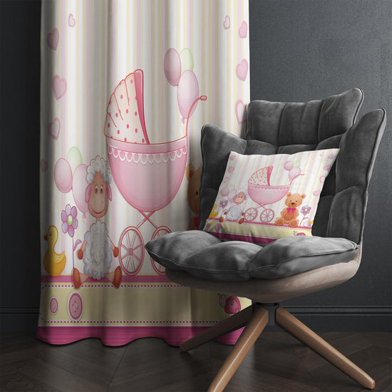 Nursery Curtains with Cute Pink Ship Lamb Bear Animals – Custom Baby Room Drapes, Girls Baby Room Decor with Gift Pillow Covers