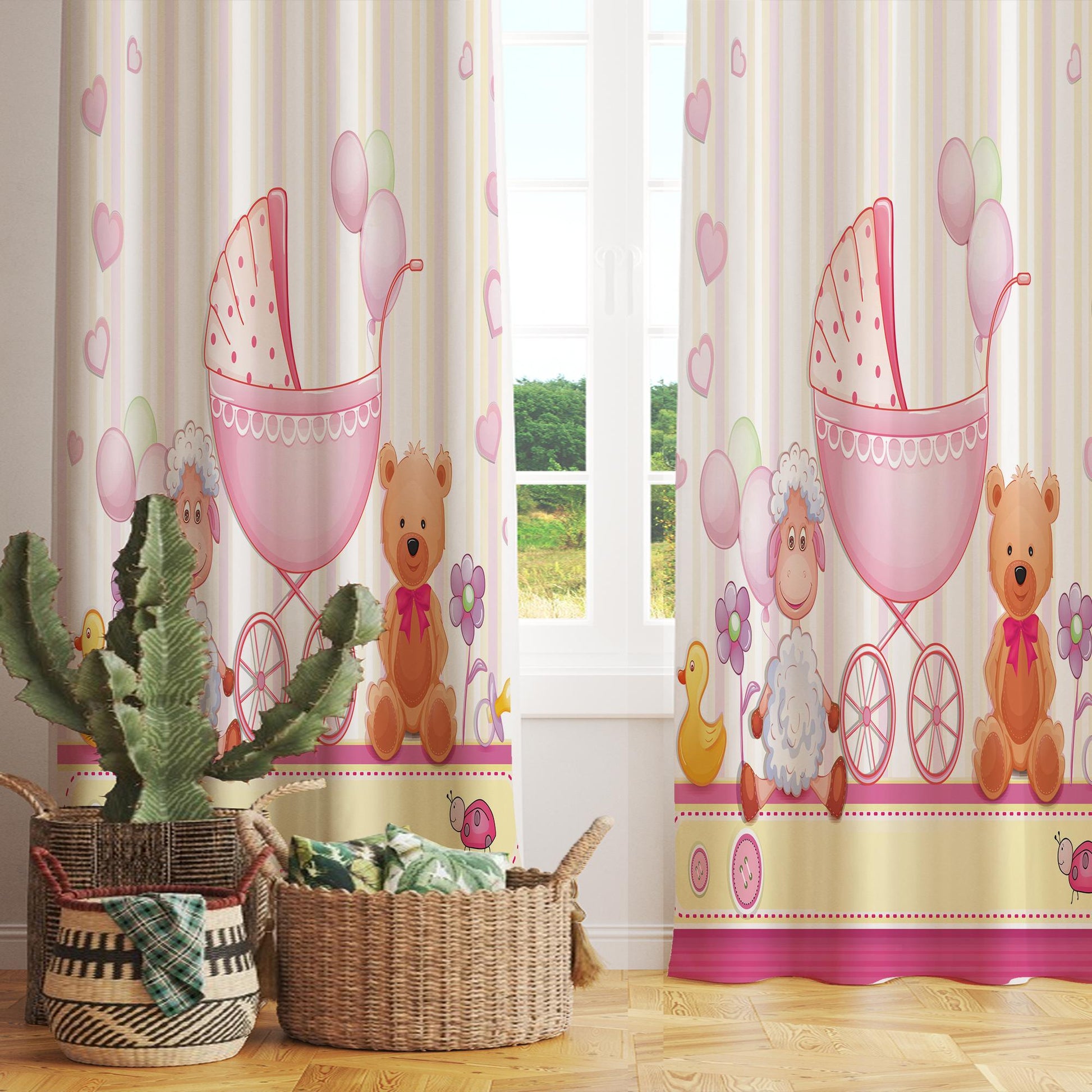 Nursery Curtains with Cute Pink Ship Lamb Bear Animals – Custom Baby Room Drapes, Girls Baby Room Decor with Gift Pillow Covers