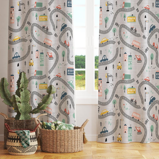 Gray Car City Road Map Nursery Curtains - Custom Size Kids Room Drapes & Pillow Covers, Toddler Room Decor, City Road Theme Gift