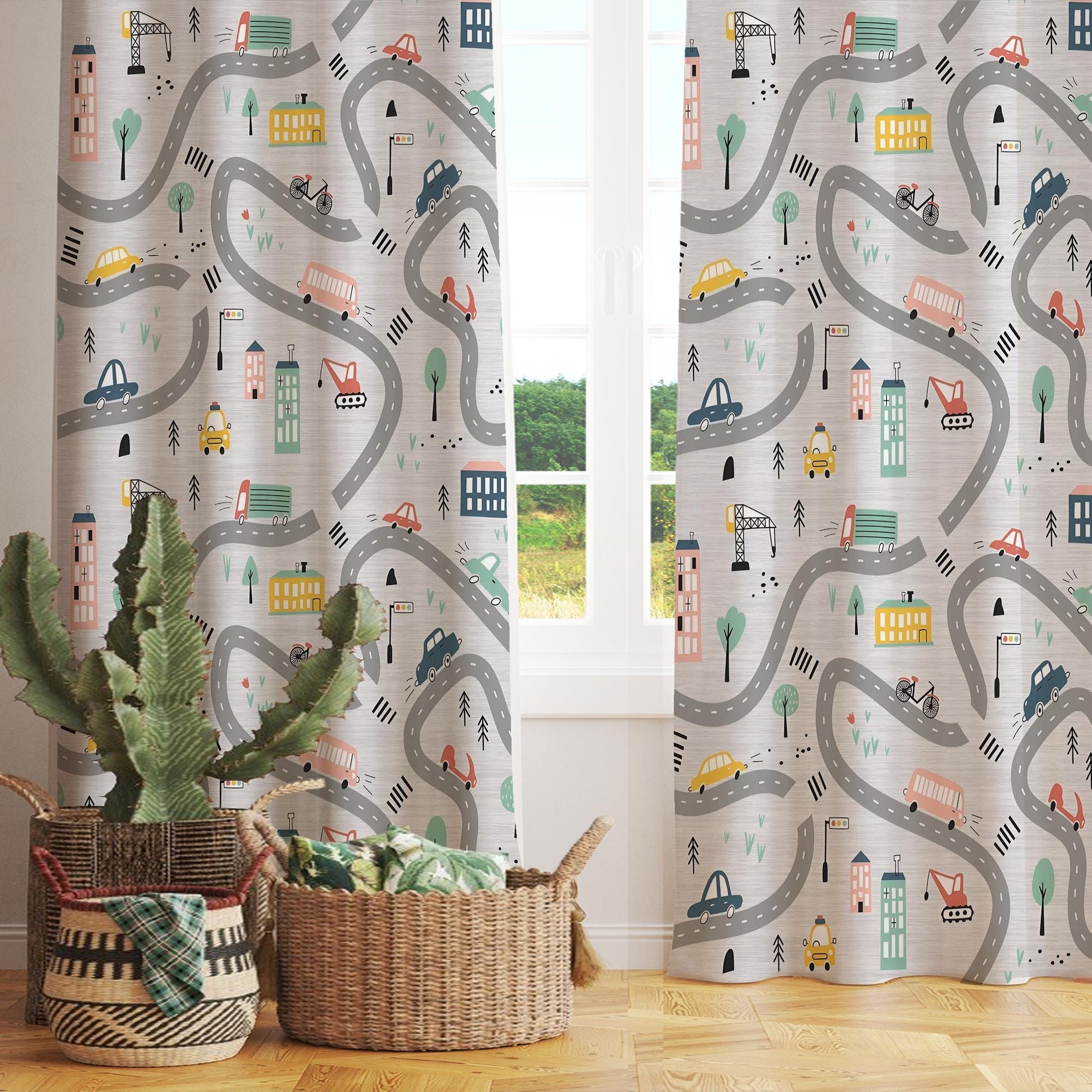 Gray Car City Road Map Nursery Curtains - Custom Size Kids Room Drapes & Pillow Covers, Toddler Room Decor, City Road Theme Gift