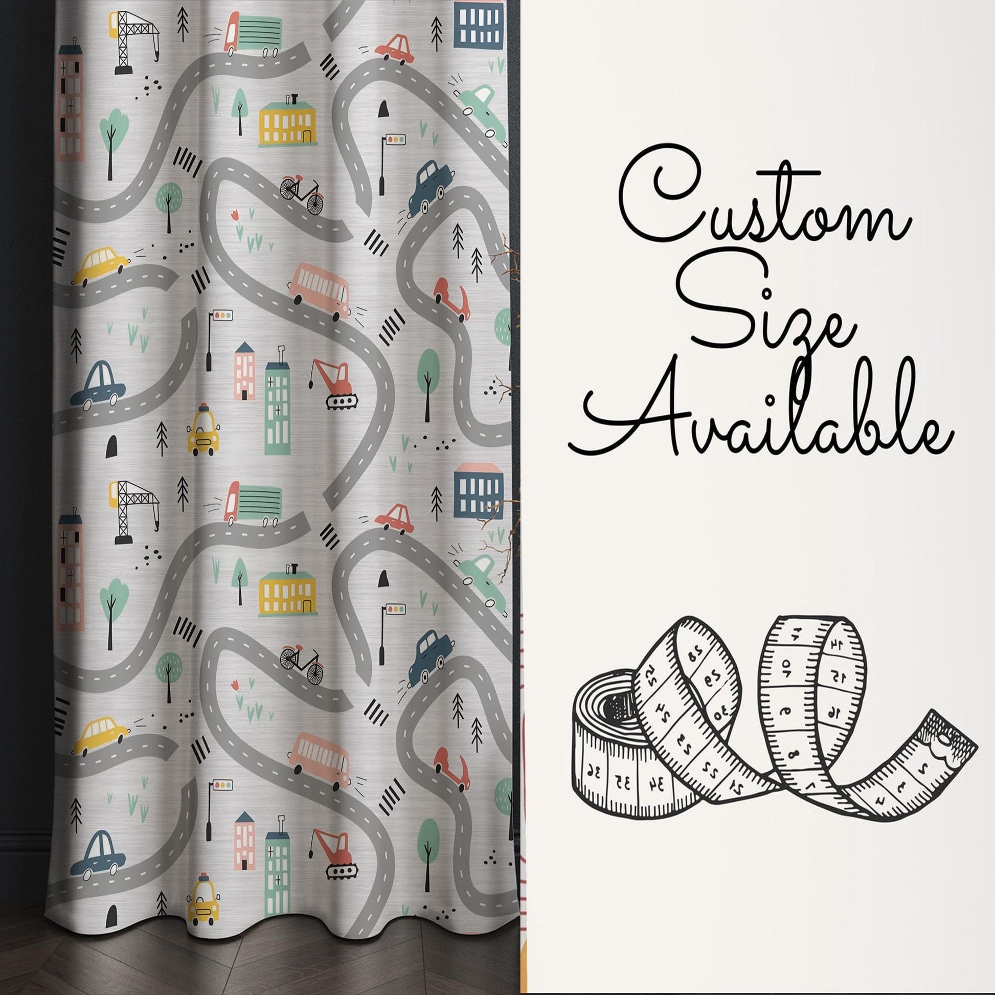 Gray Car City Road Map Nursery Curtains - Custom Size Kids Room Drapes & Pillow Covers, Toddler Room Decor, City Road Theme Gift