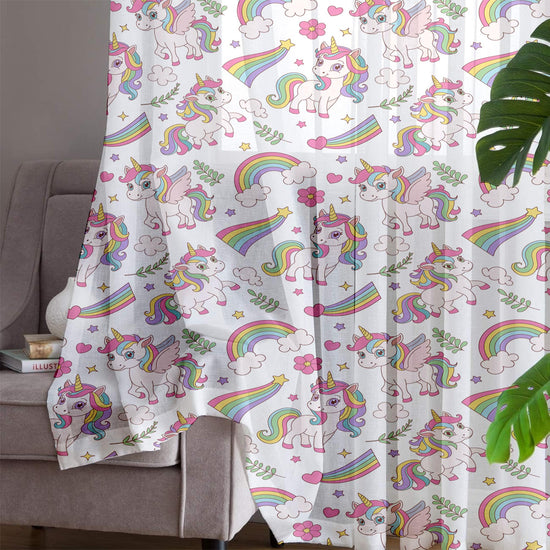 Sheer Unicorn Curtain for Girls Kids Room - Colorful Rainbow Floral Nursery Net Voile, Lightweight Machine Washable - Matching Accessories