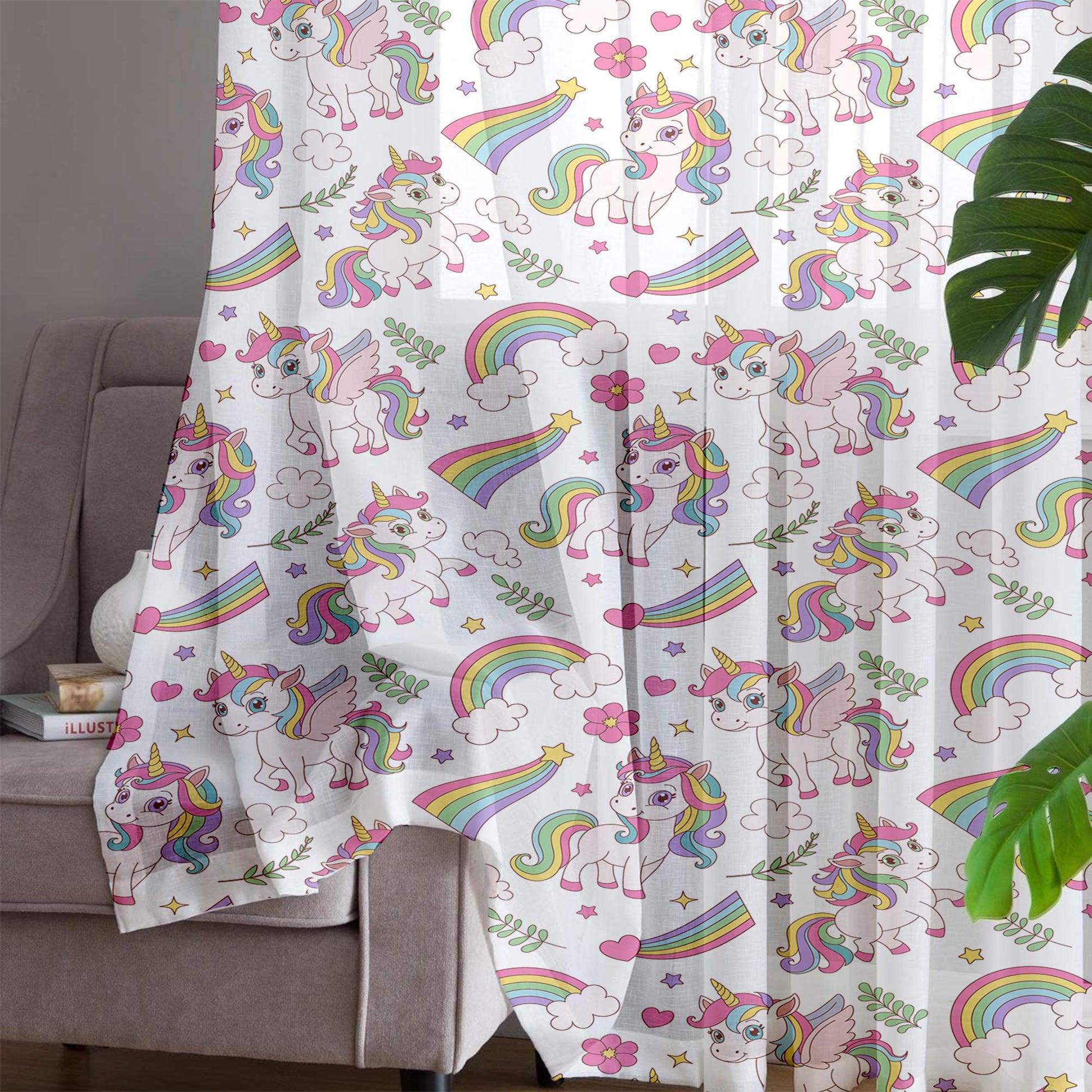 Sheer Unicorn Curtain for Girls Kids Room - Colorful Rainbow Floral Nursery Net Voile, Lightweight Machine Washable - Matching Accessories