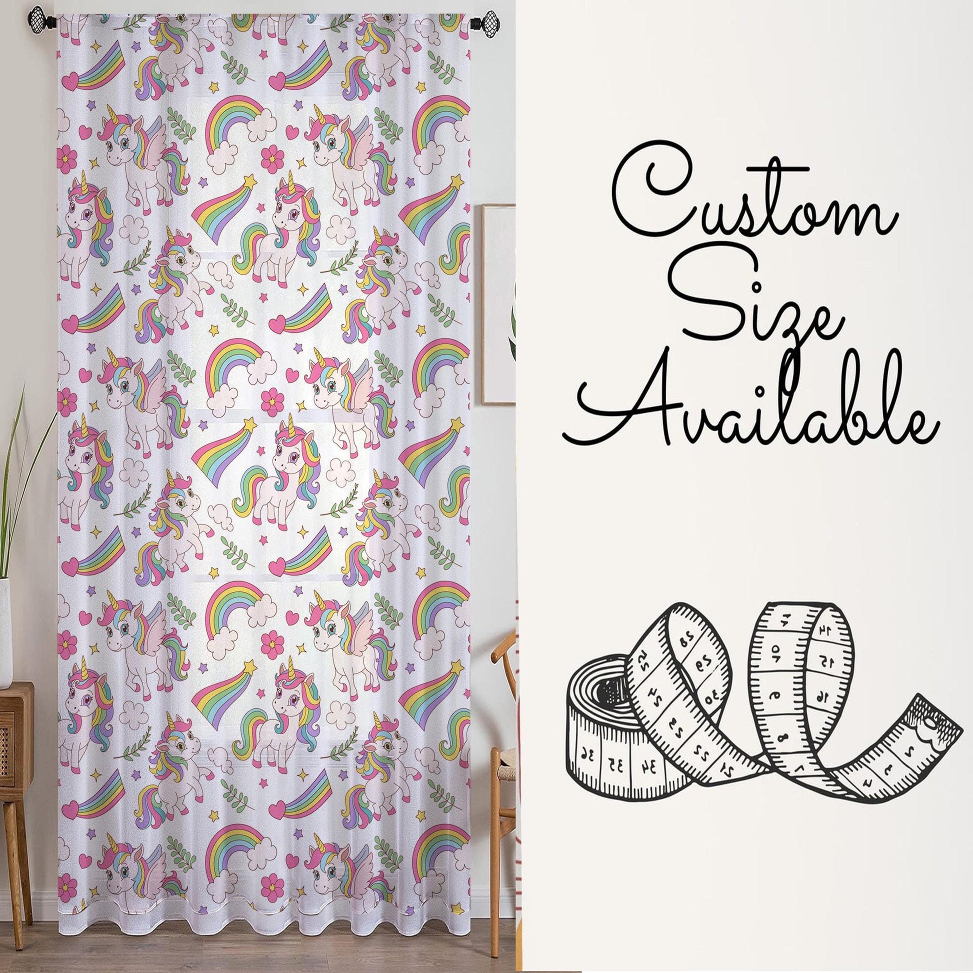 Sheer Unicorn Curtain for Girls Kids Room - Colorful Rainbow Floral Nursery Net Voile, Lightweight Machine Washable - Matching Accessories