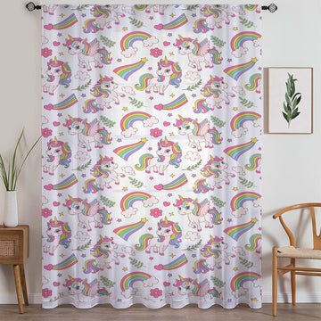 Sheer Unicorn Curtain for Girls Kids Room - Colorful Rainbow Floral Nursery Net Voile, Lightweight Machine Washable - Matching Accessories