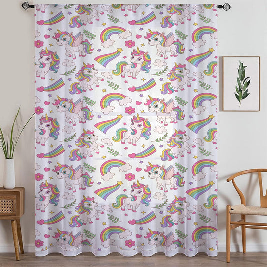 Sheer Unicorn Curtain for Girls Kids Room - Colorful Rainbow Floral Nursery Net Voile, Lightweight Machine Washable - Matching Accessories