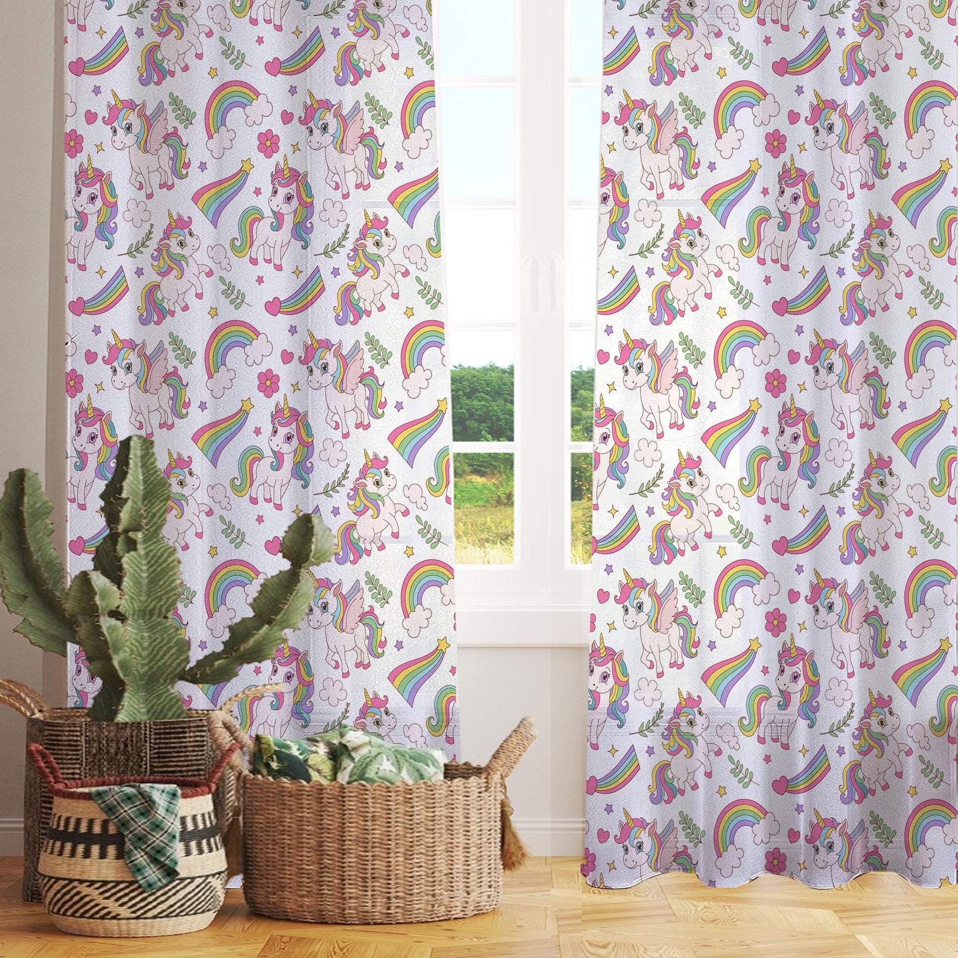 Sheer Unicorn Curtain for Girls Kids Room - Colorful Rainbow Floral Nursery Net Voile, Lightweight Machine Washable - Matching Accessories