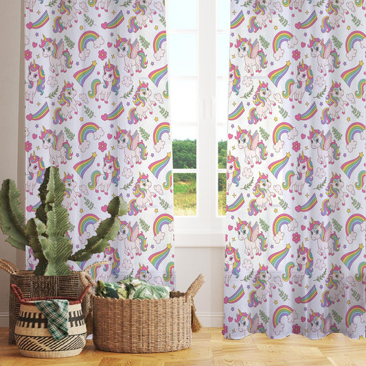 Sheer Unicorn Curtain for Girls Kids Room - Colorful Rainbow Floral Nursery Net Voile, Lightweight Machine Washable - Matching Accessories