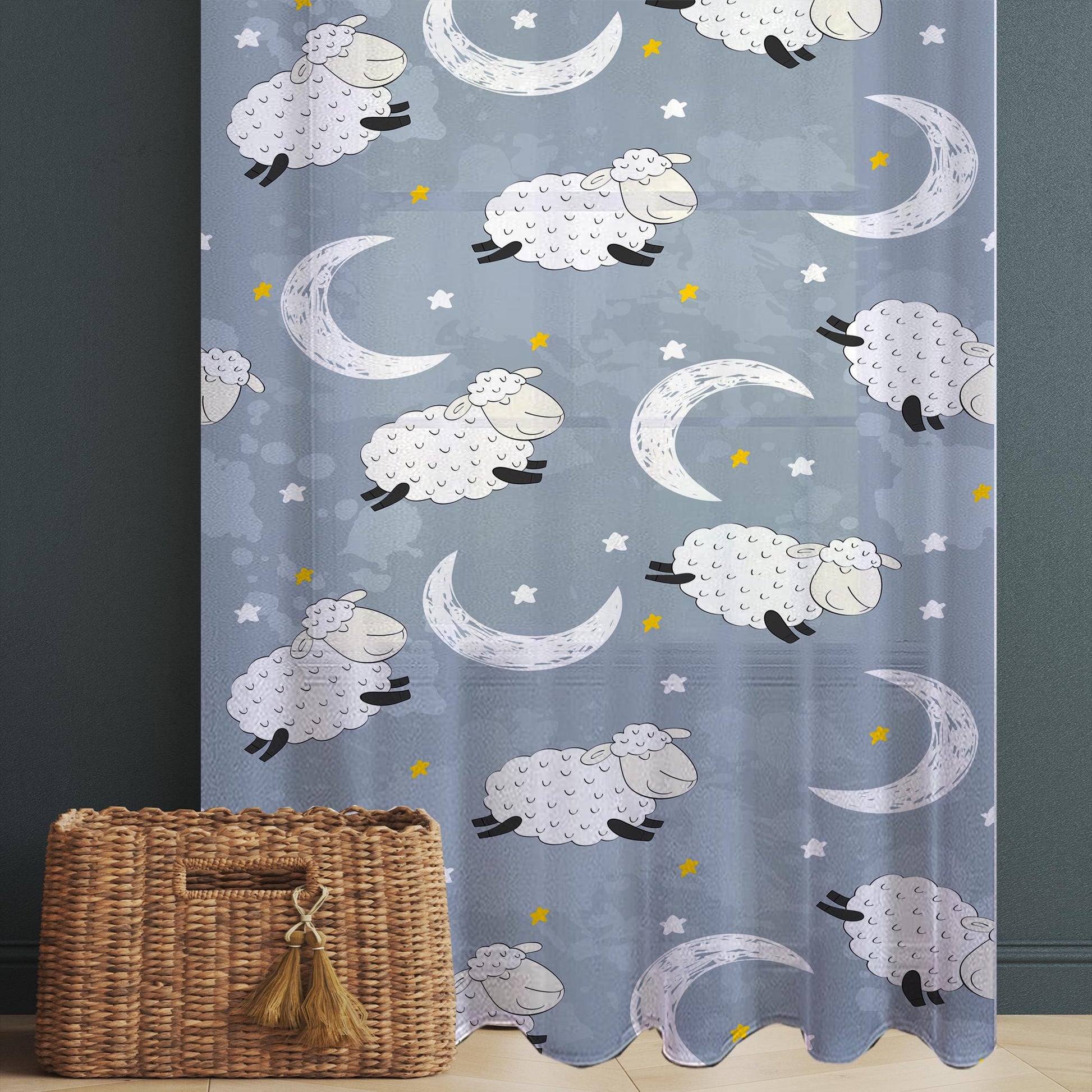 Sheer Moon Star Curtain for Kids Room – Gray White Sheep Nursery Net Voile, Lightweight & Machine Washable with Matching Accessories